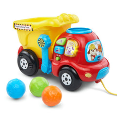 VTech dump truck front view showing bright yellow body and playful face benefit engagement