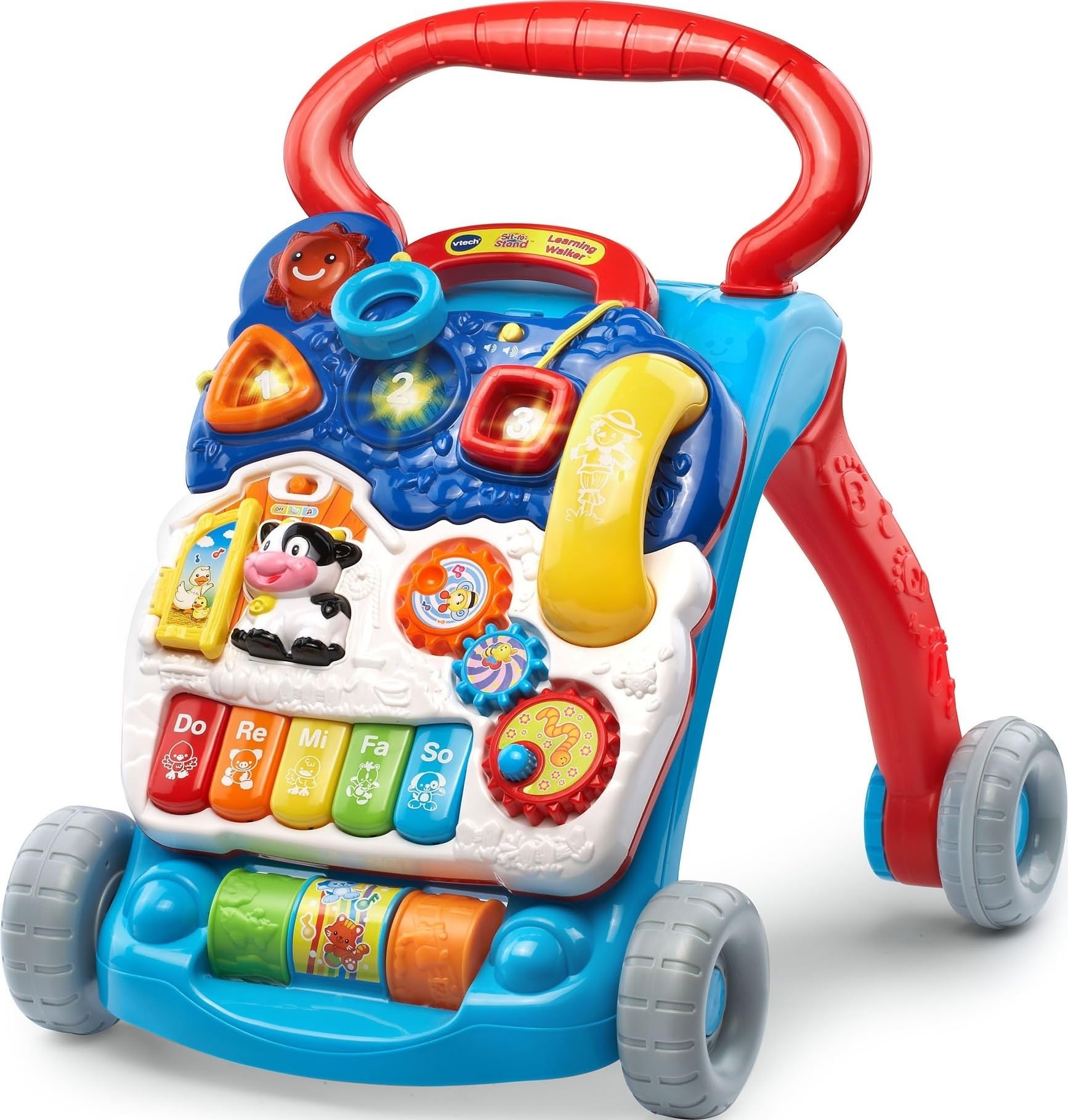 VTech front view blue walker showing interactive panel and sturdy base for confident walking