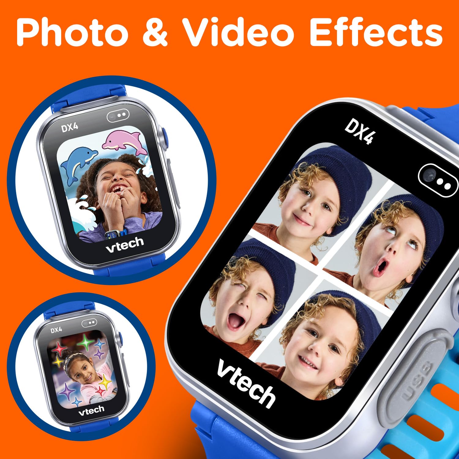 VTech KidiZoom DX4 side profile highlighting splash-proof metal case for durability