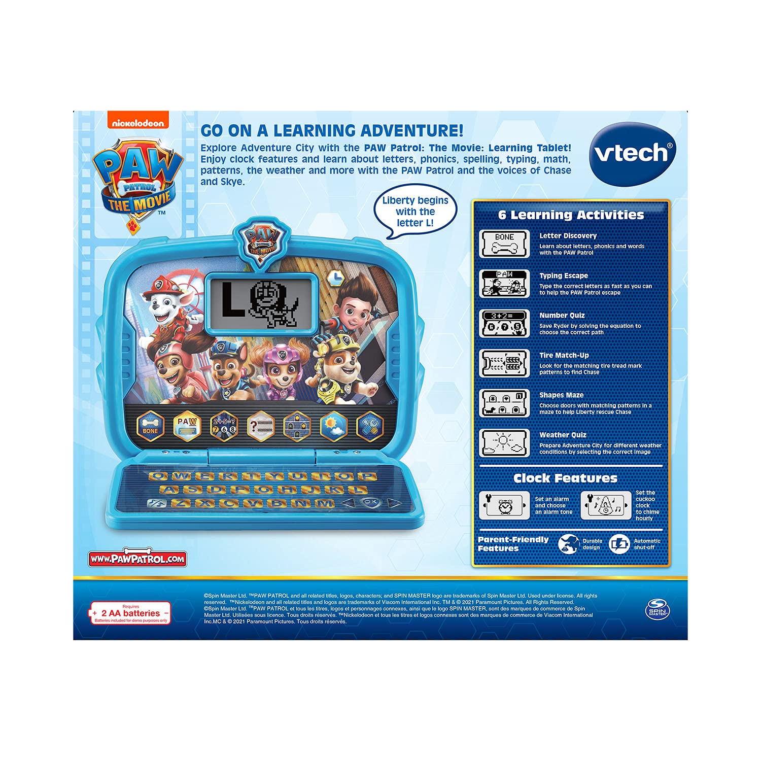 VTech tablet clock-face detail illustrating selectable faces and alarm for time-teaching play