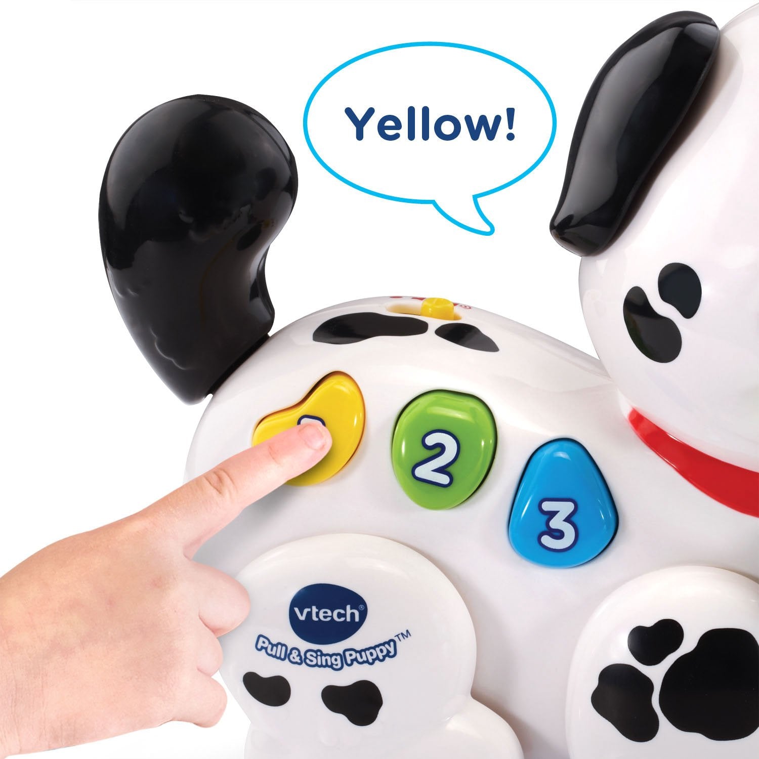 VTech puppy back view highlighting pull cord and sturdy base for mobility and play