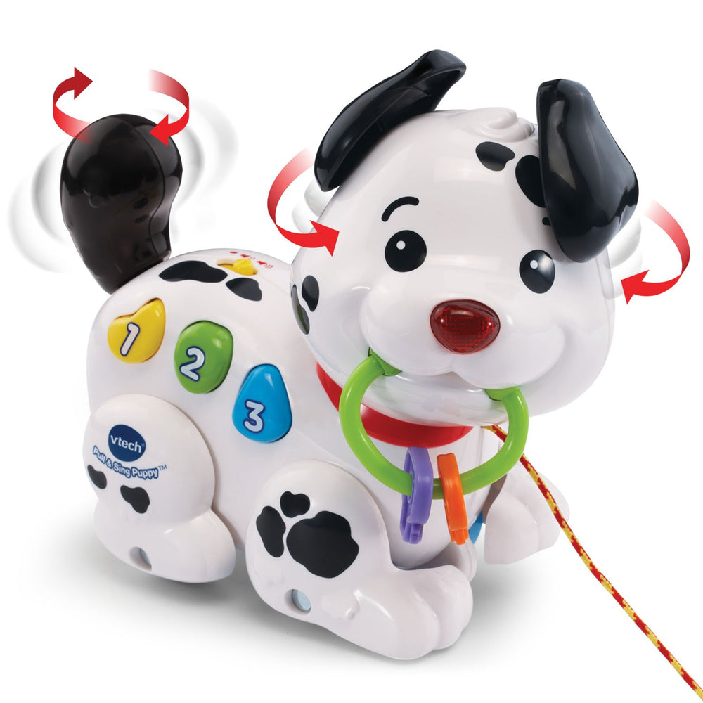 VTech puppy close-up of three colorful buttons encouraging fine motor development