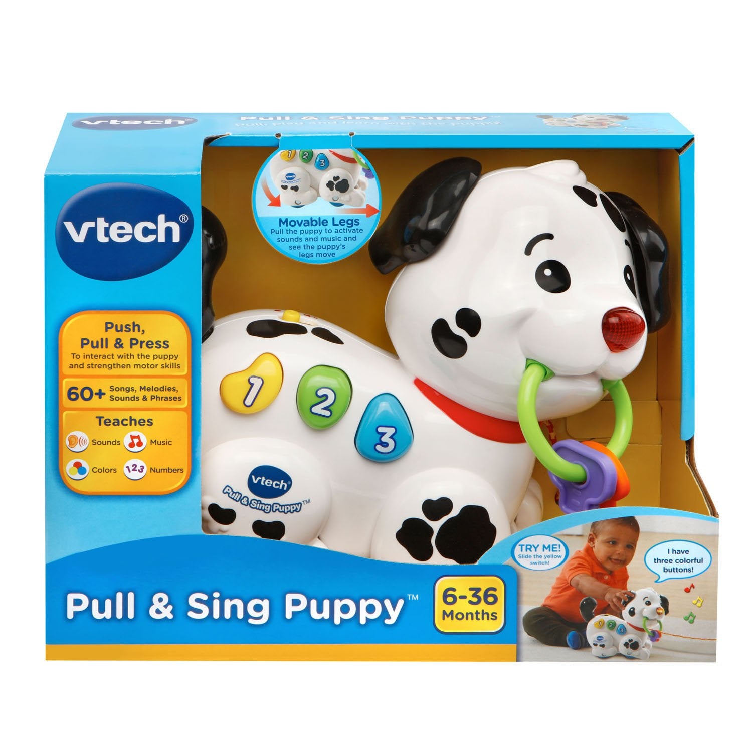 VTech puppy leg movement close-up showing moving parts that motivate crawling