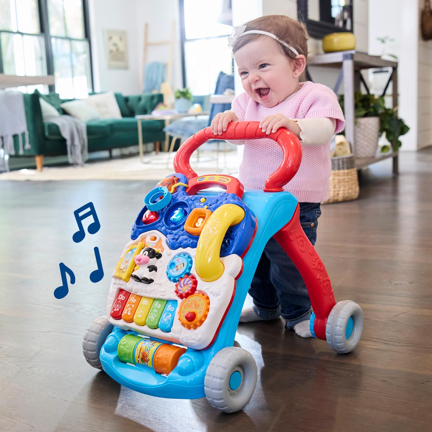 VTech size comparison next to toy blocks illustrating compact footprint and easy storage