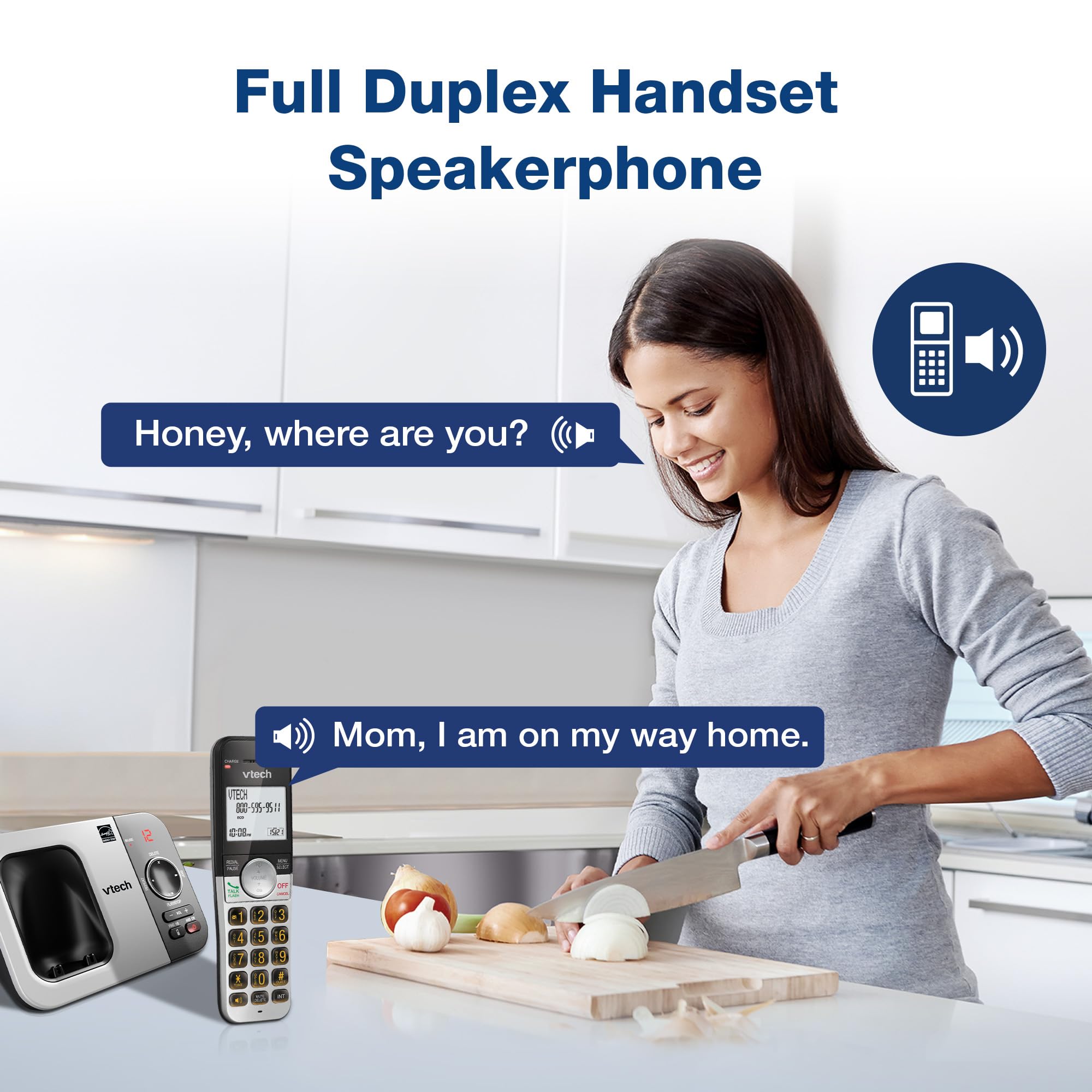 VTech answering machine panel demonstrating message playback convenience