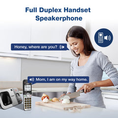 VTech answering machine panel demonstrating message playback convenience