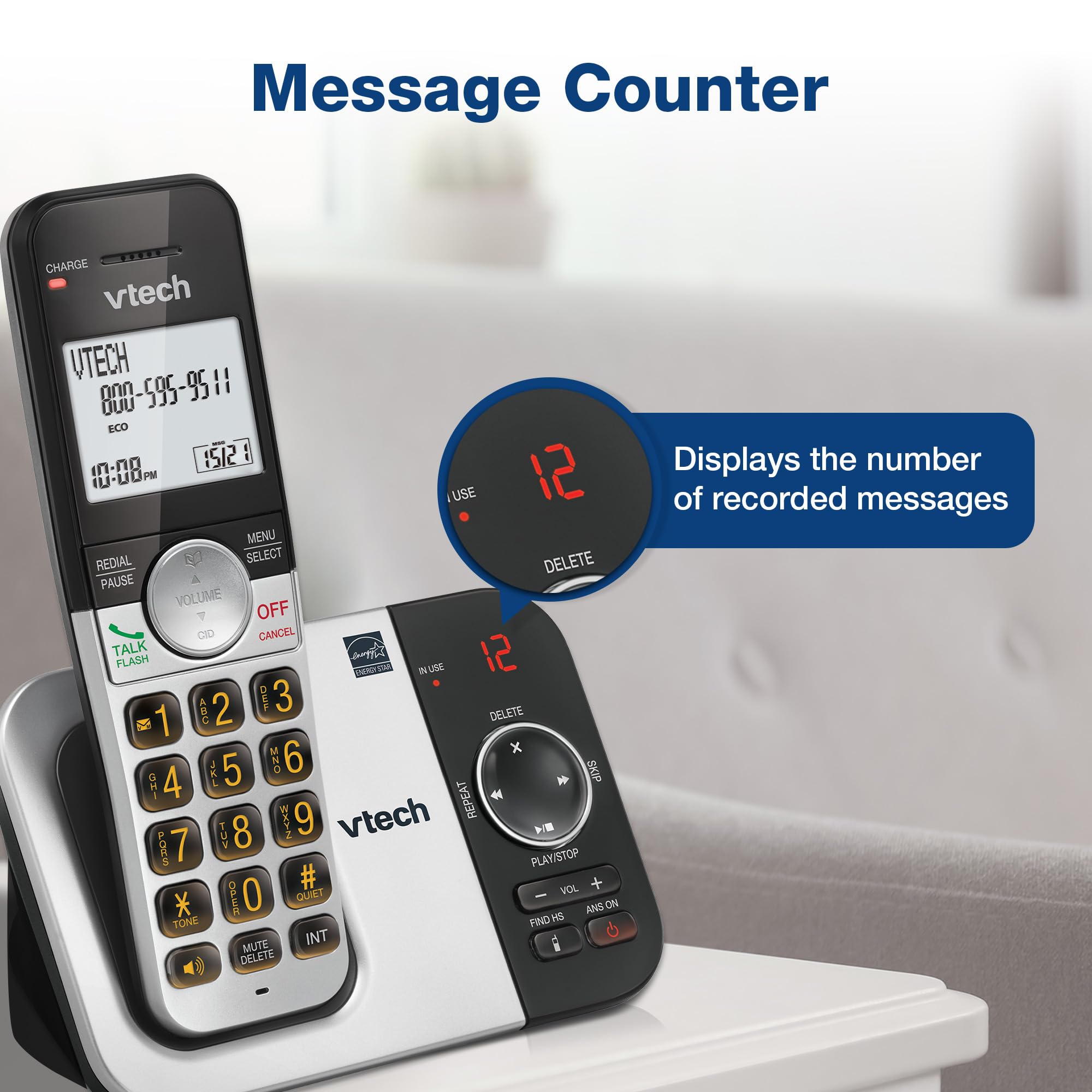 VTech entire phone system arranged on counter for two-room coverage