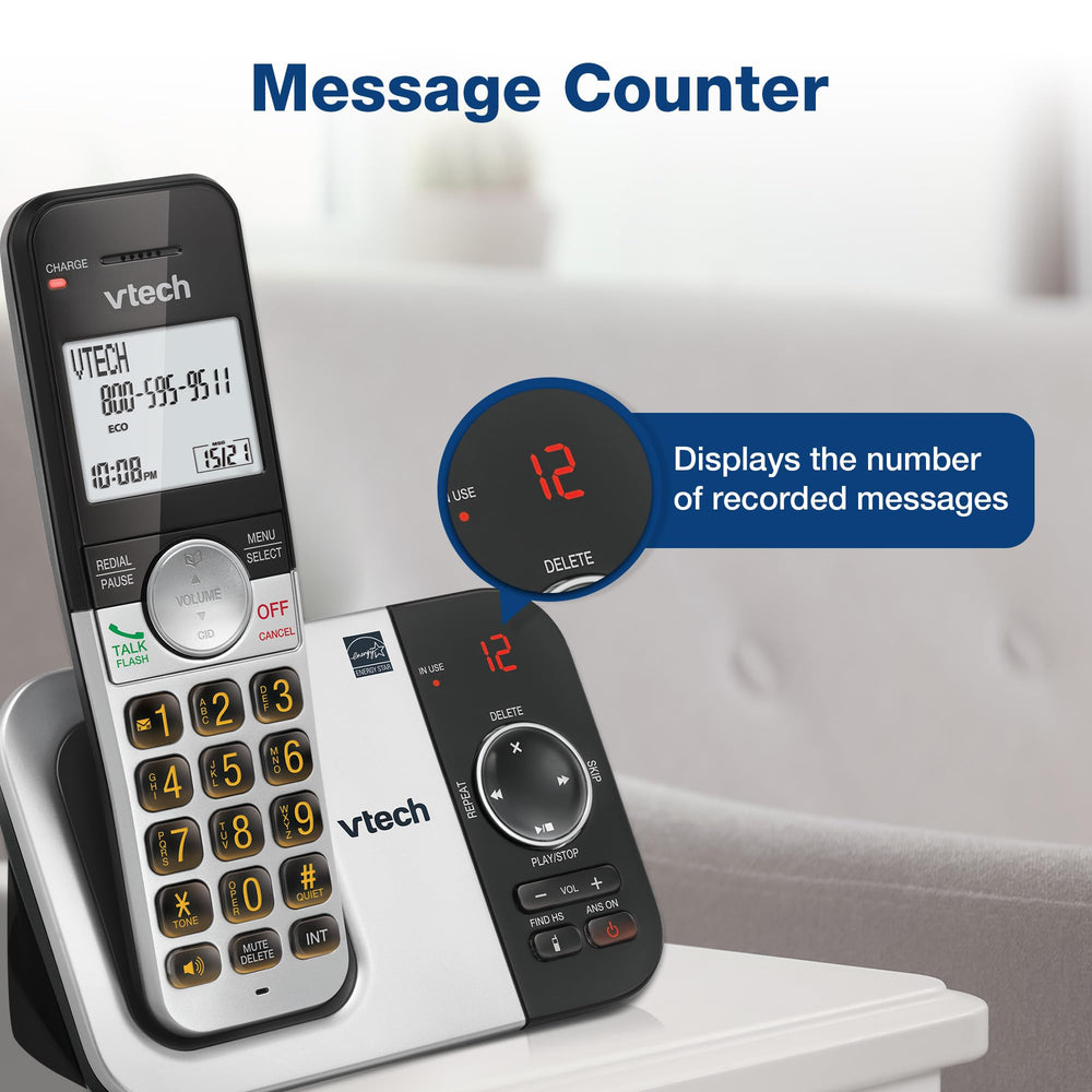VTech entire phone system arranged on counter for two-room coverage