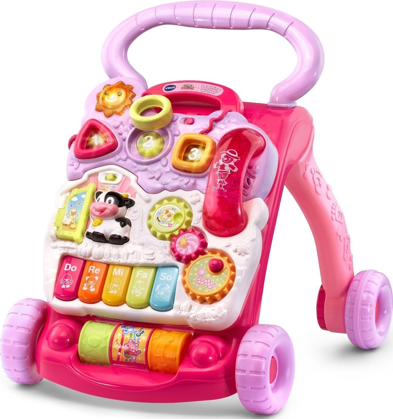 VTech front view pink walker showing engaging learning features and stability