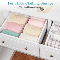 Vtopmart divider fully expanded in drawer demonstrating its 12.8 to 22.3 inch range