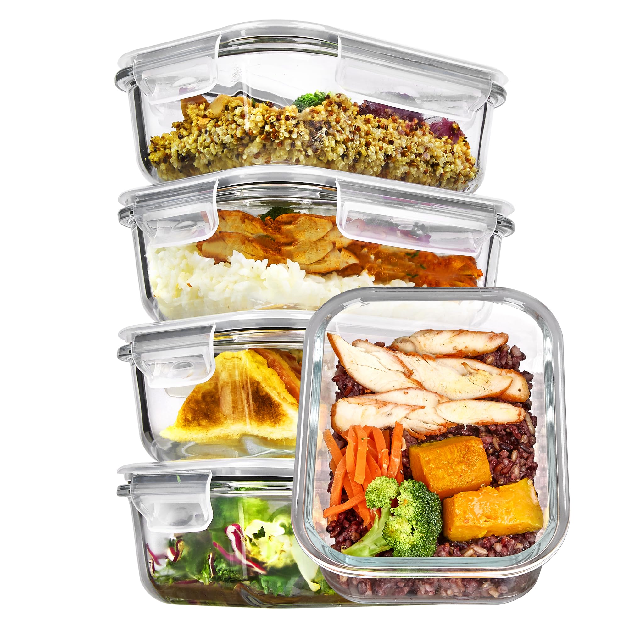 Vtopmart front packaging showing 5-pack 22oz glass containers and tidy storage benefit