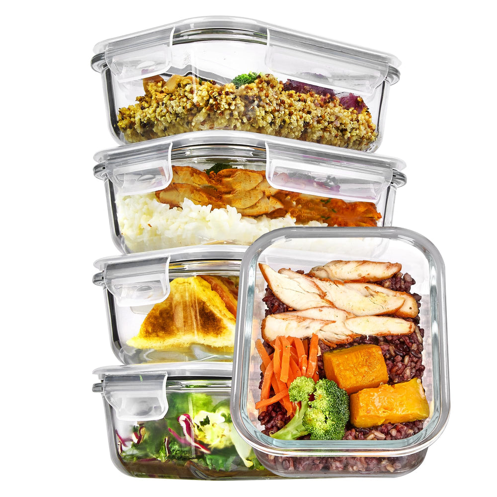 Vtopmart front packaging showing 5-pack 22oz glass containers and tidy storage benefit
