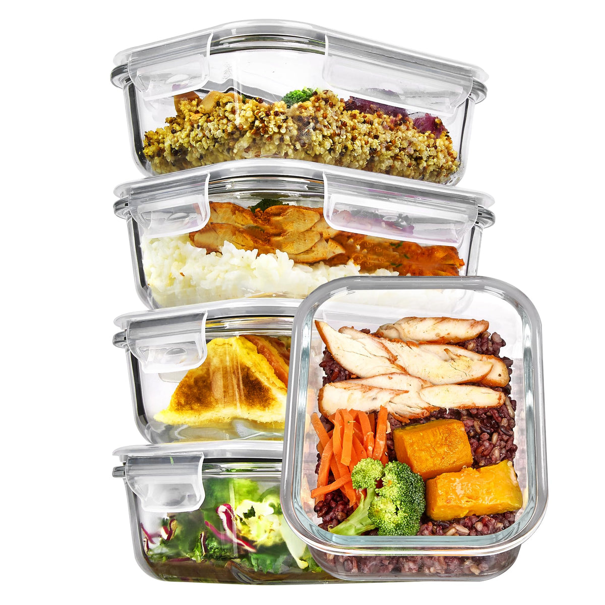 Vtopmart front packaging showing 5-pack 22oz glass containers and tidy storage benefit