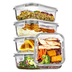 Vtopmart front packaging showing 5-pack 22oz glass containers and tidy storage benefit