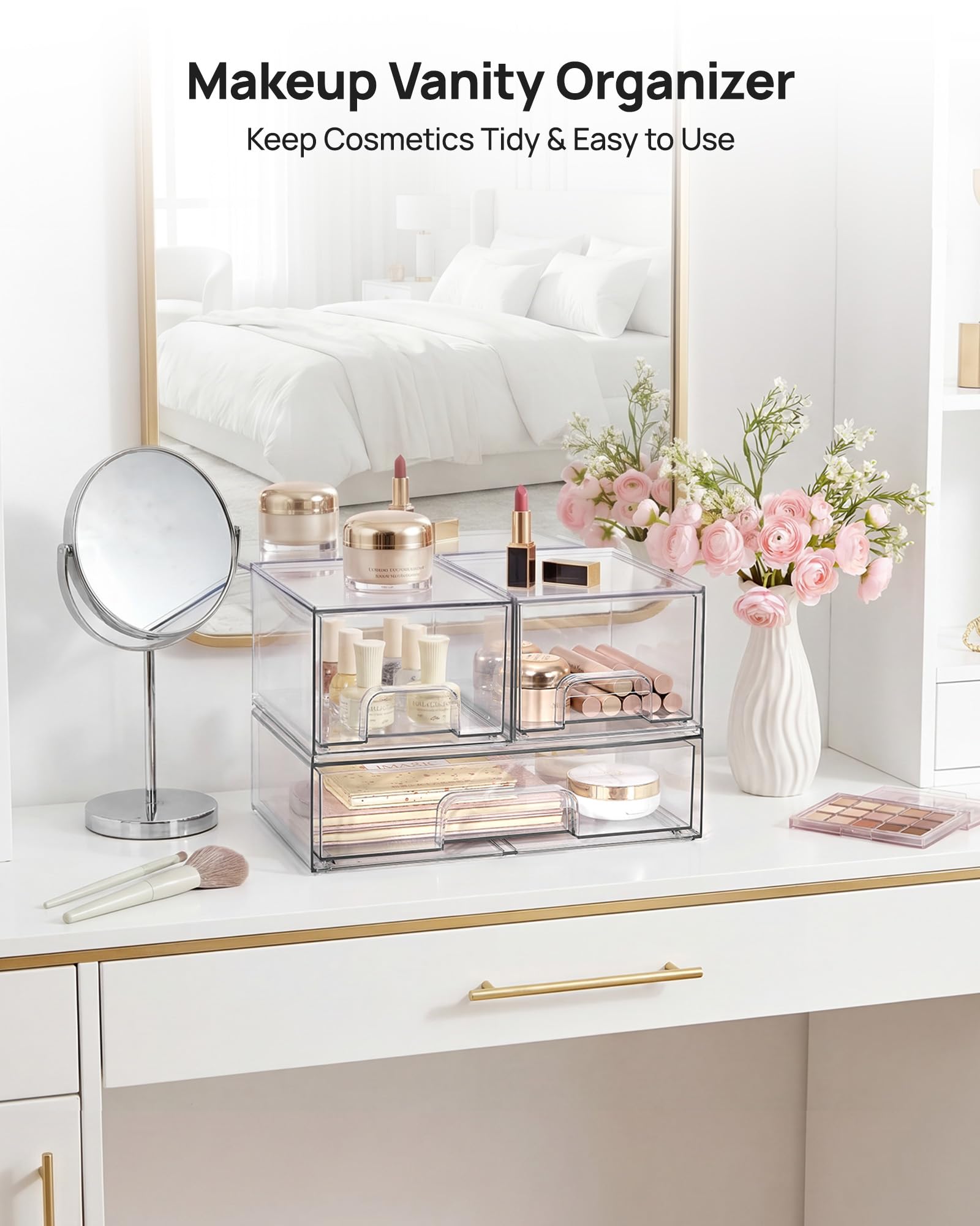 Vtopmart drawers holding makeup and brushes for quick retrieval
