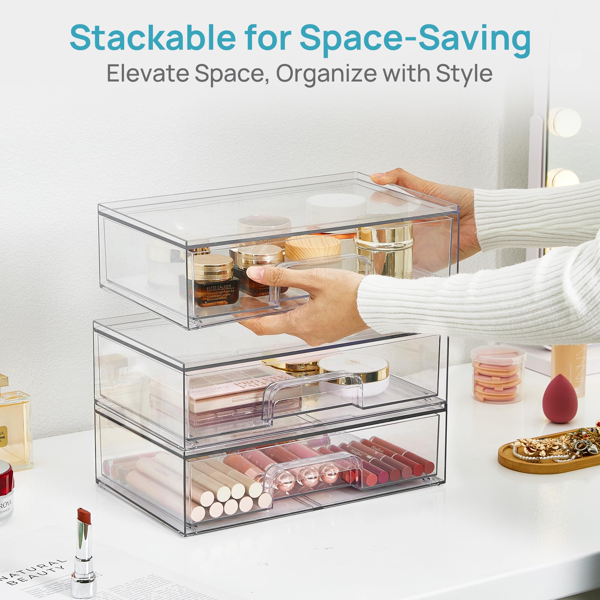 Vtopmart organizer on bathroom vanity keeping toiletries visible and dust-free