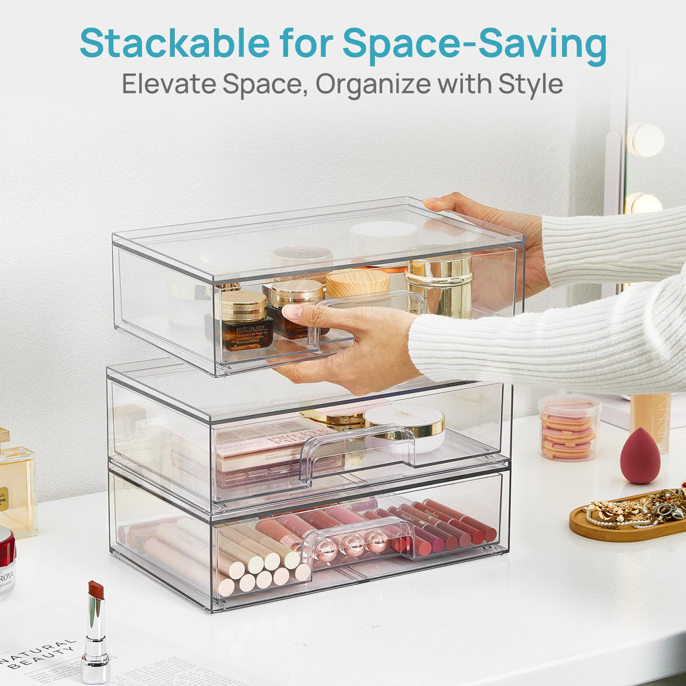 Vtopmart organizer on bathroom vanity keeping toiletries visible and dust-free