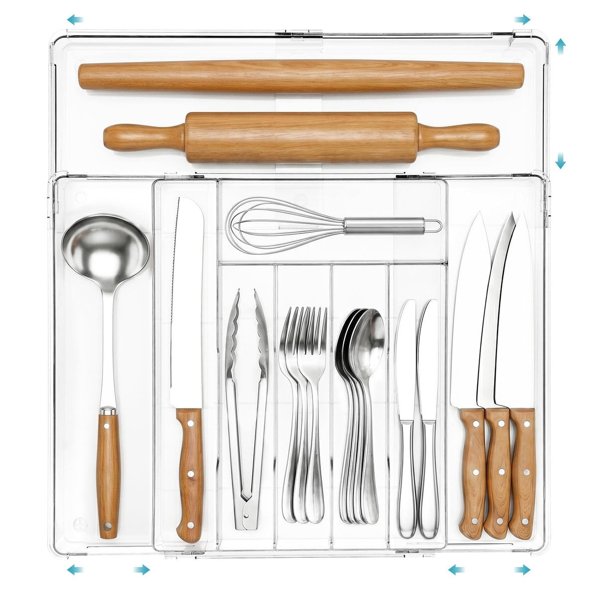 Vtopmart front view of organizer showing neat cutlery arrangement and clear benefits