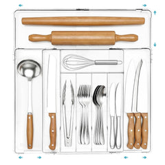 Vtopmart front view of organizer showing neat cutlery arrangement and clear benefits