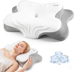 VYLEE front view of pillow packaging showing ergonomic shape and benefits