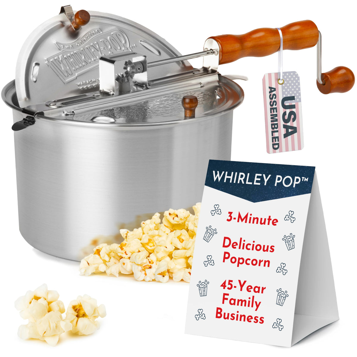 Wabash Valley Farms front view of Whirley Pop showing pot and handle for easy popping