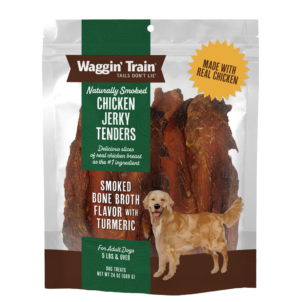Waggin' Train front pouch showing product and resealable pack for freshness