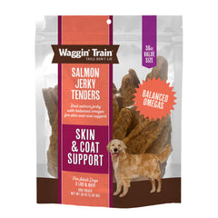 Waggin' Train front pouch showing product and benefits on shelf