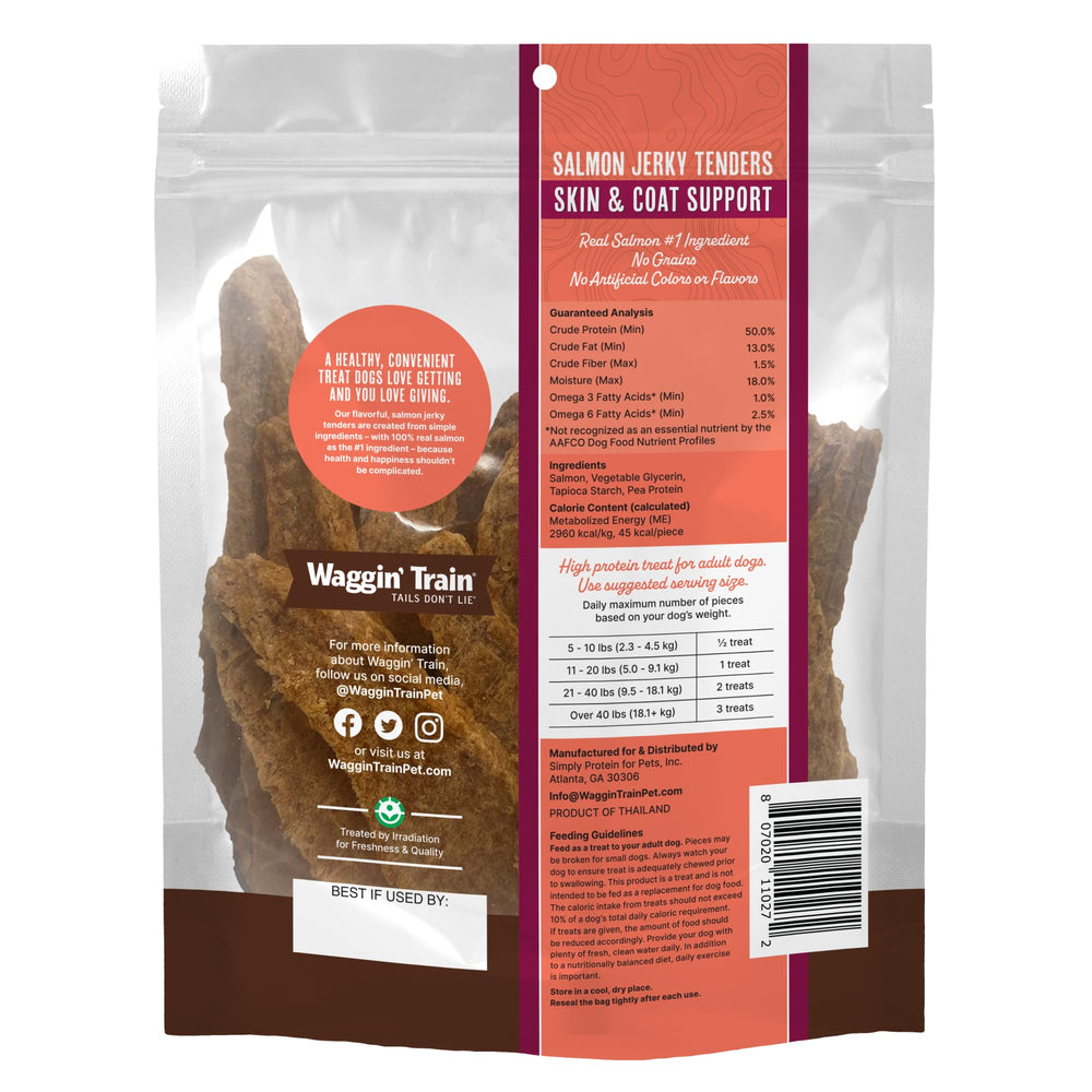 Waggin' Train salmon jerky piece close-up highlighting natural protein
