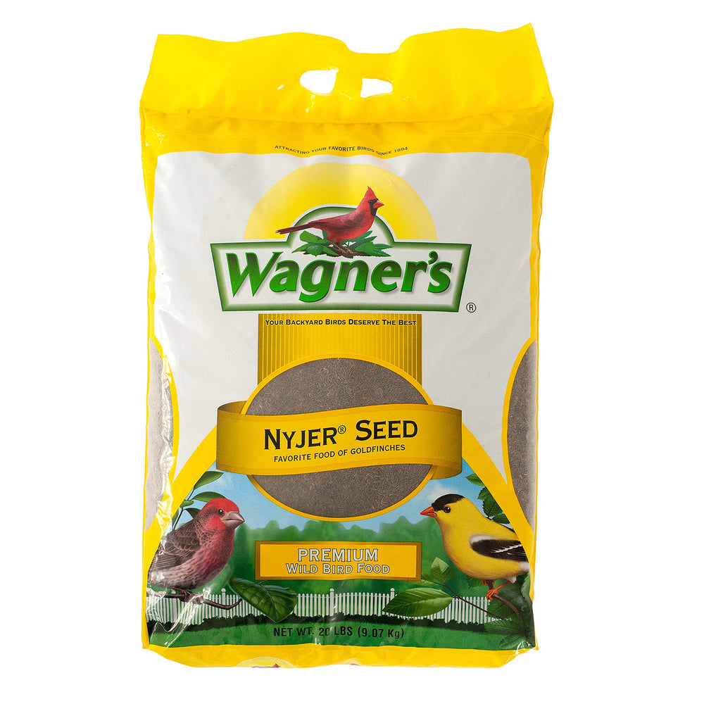 Wagner's nyjer seed front packaging showing brand and 20-pound bag benefits