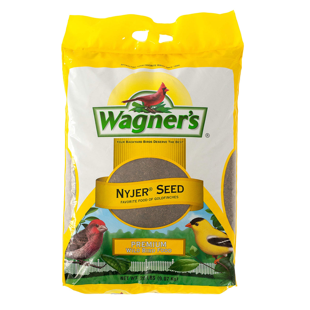 Wagner's nyjer seed front packaging showing brand and 20-pound bag benefits