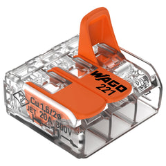 WAGO 221-413 front view showing compact 3-conductor design and clarity