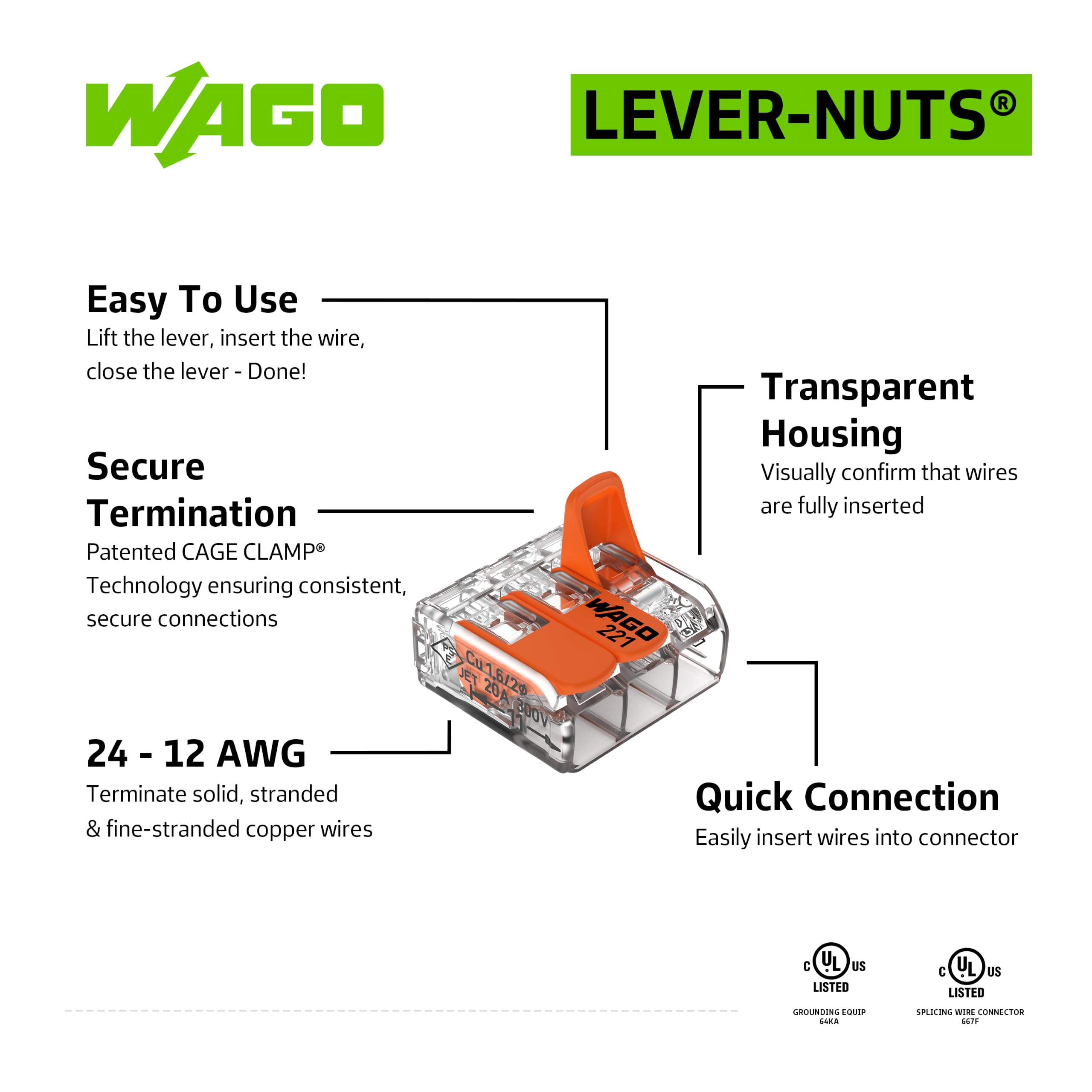 WAGO 221-413 side view displaying three separate clamping chambers benefit