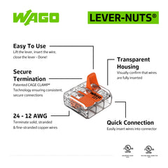 WAGO 221-413 side view displaying three separate clamping chambers benefit
