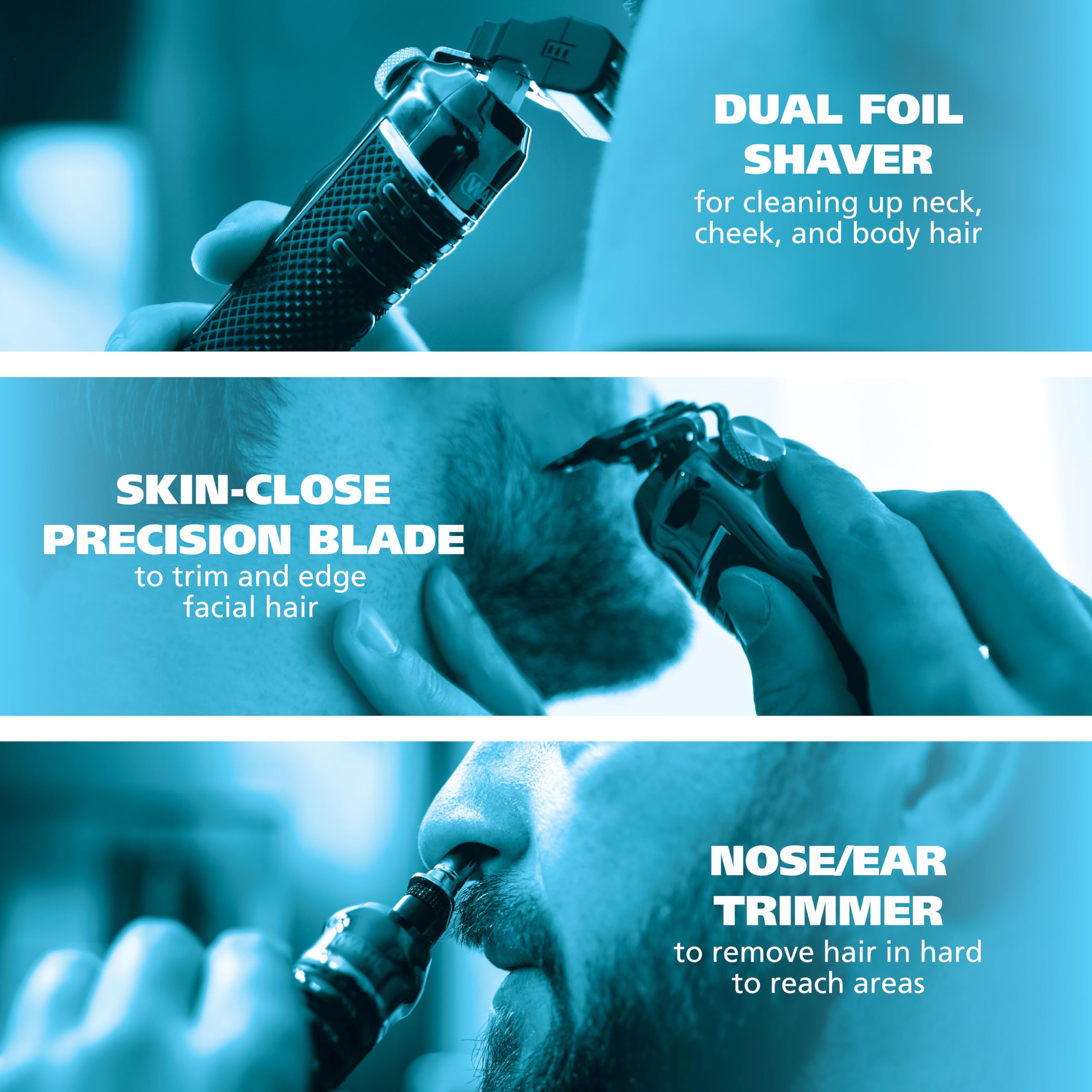Wahl dual foil shaver head delivering a close finish on face and neck