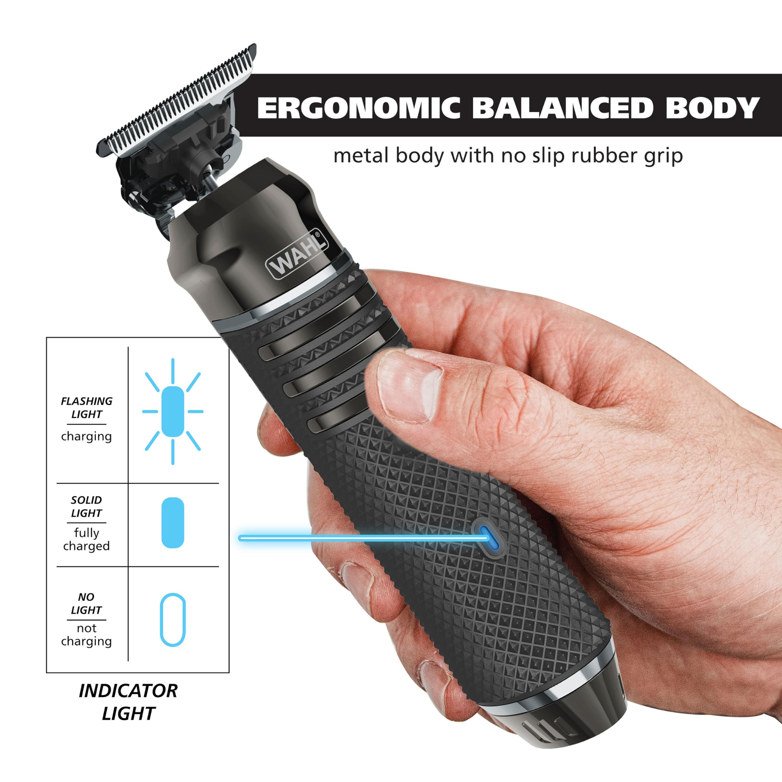 Wahl trimmer in hand showing scale and travel-friendly portability