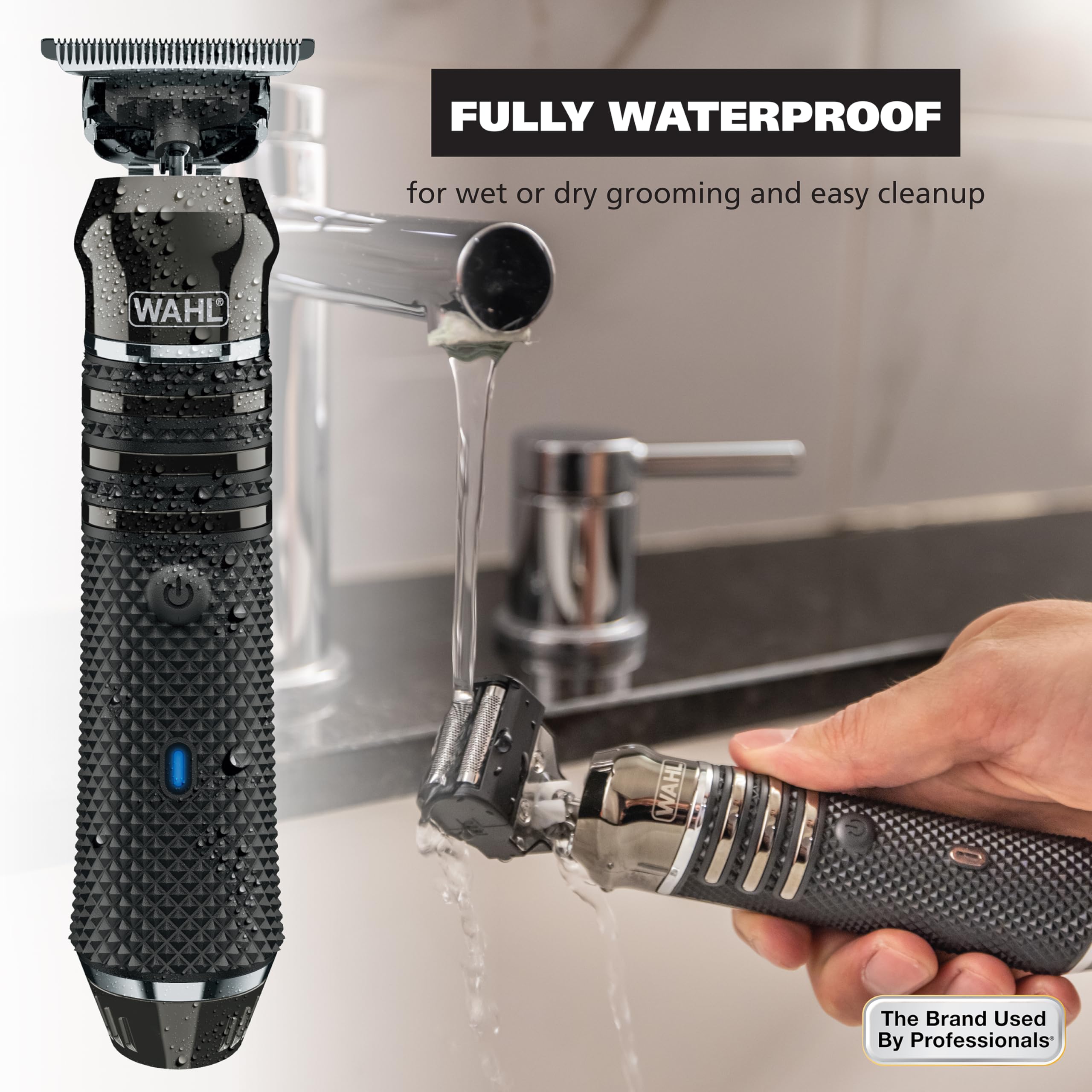 Wahl trimmer rinsed under tap for easy waterproof cleaning