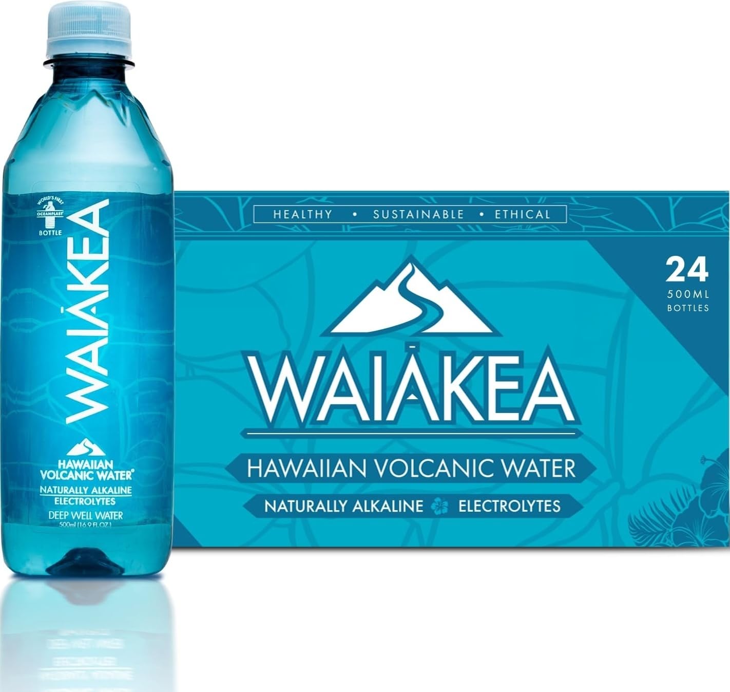 Waiakea front view of 24-pack showcasing recycled bottles and eco credentials