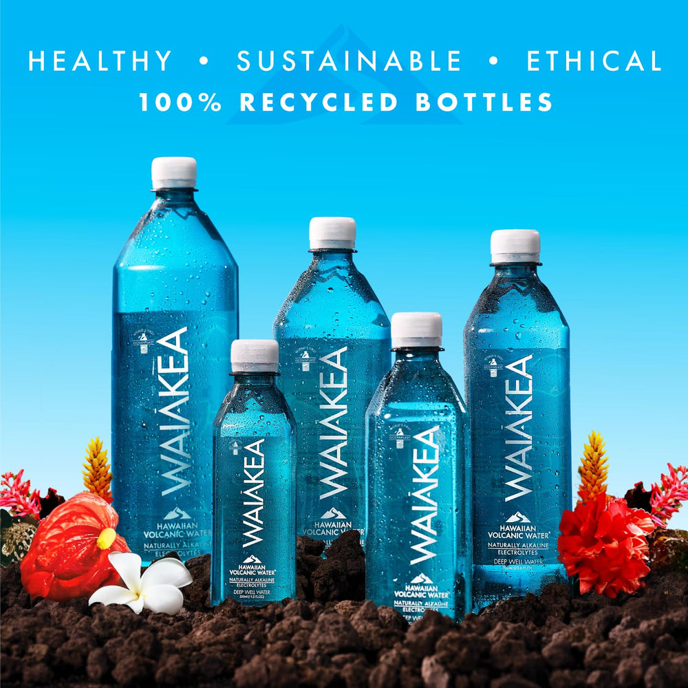 Waiakea bottle on outdoor table conveying sustainable hydration on the go