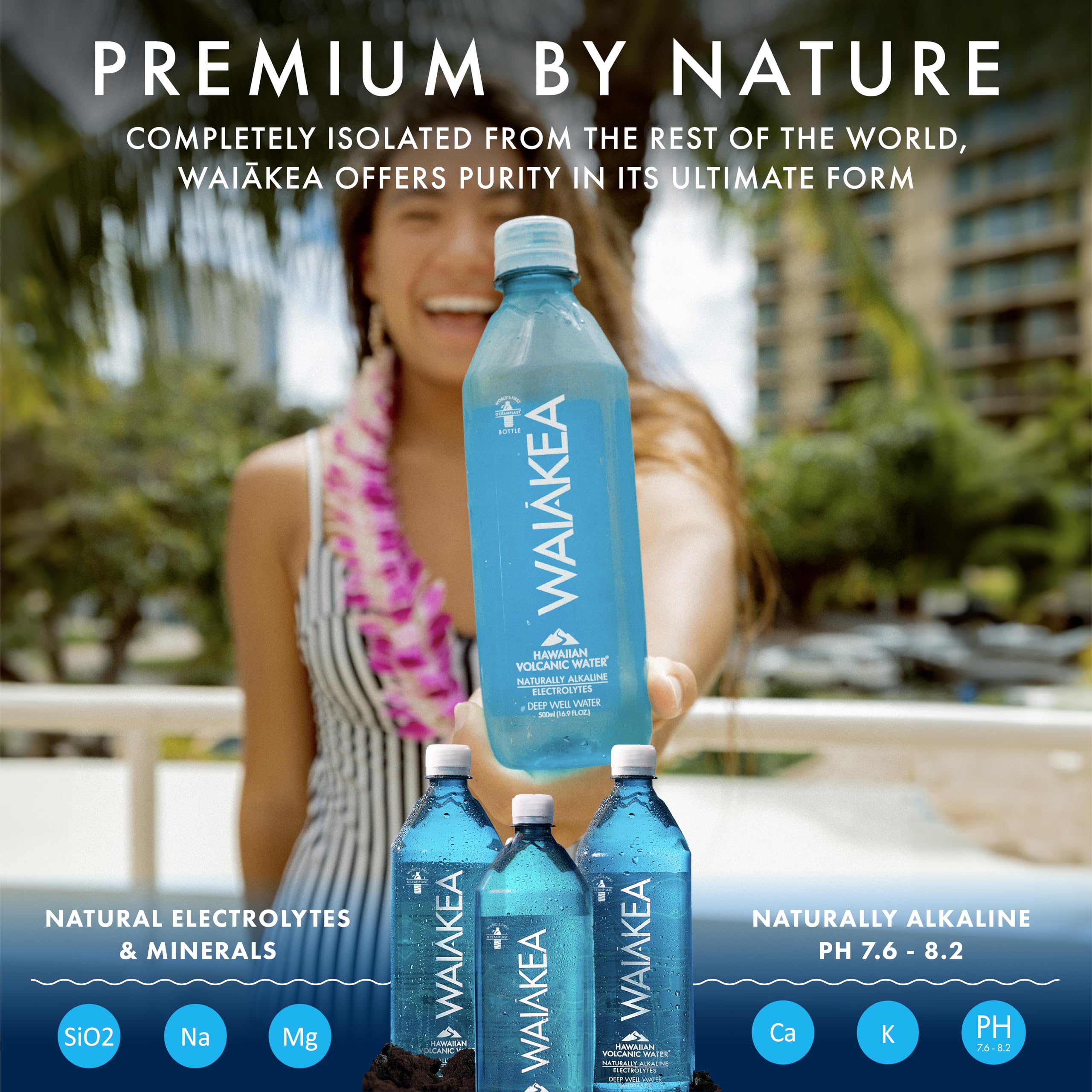 Waiakea single 500ml bottle front label highlighting volcanic water benefits