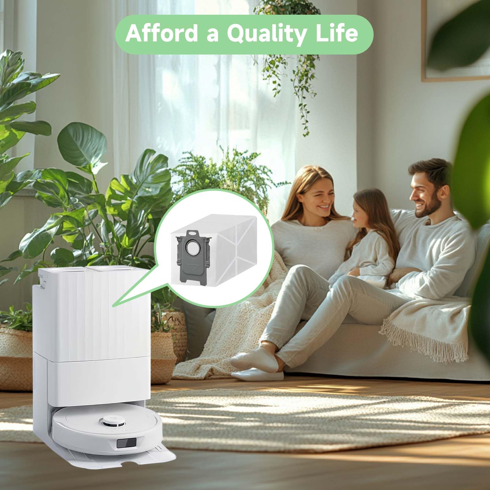 WAIKAS dust bag in living room with robot vacuum highlighting tidy disposal