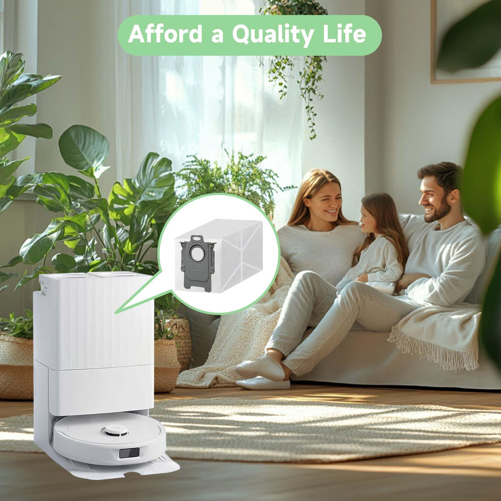 WAIKAS dust bag in living room with robot vacuum highlighting tidy disposal