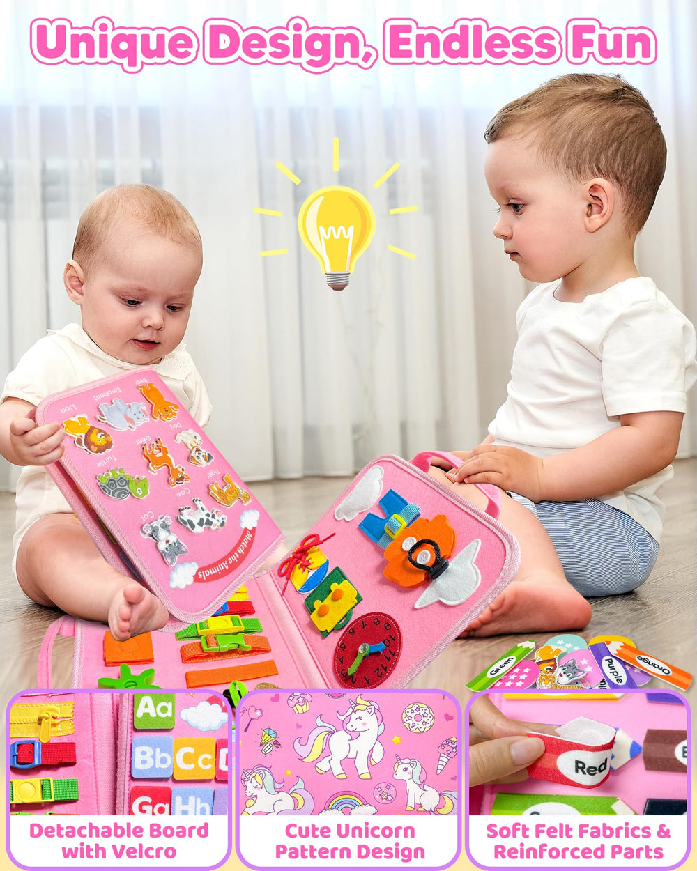 Walenty busy book in use by toddler during car ride, reduces travel boredom