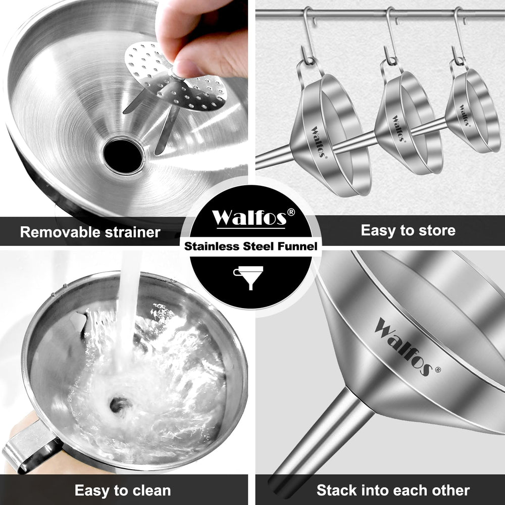 Walfos funnels beside bottles showing size comparison for choosing correct funnel