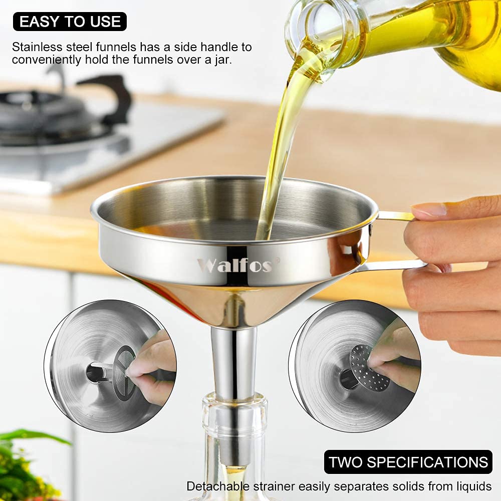 Walfos removable strainer inserted in funnel capturing seeds and solids for cleaner oil