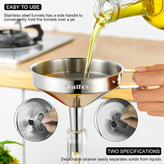 Walfos removable strainer inserted in funnel capturing seeds and solids for cleaner oil
