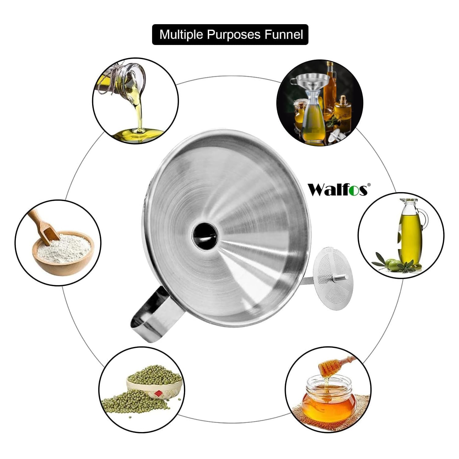 Walfos funnel pouring olive oil into narrow bottle to prevent spills and waste