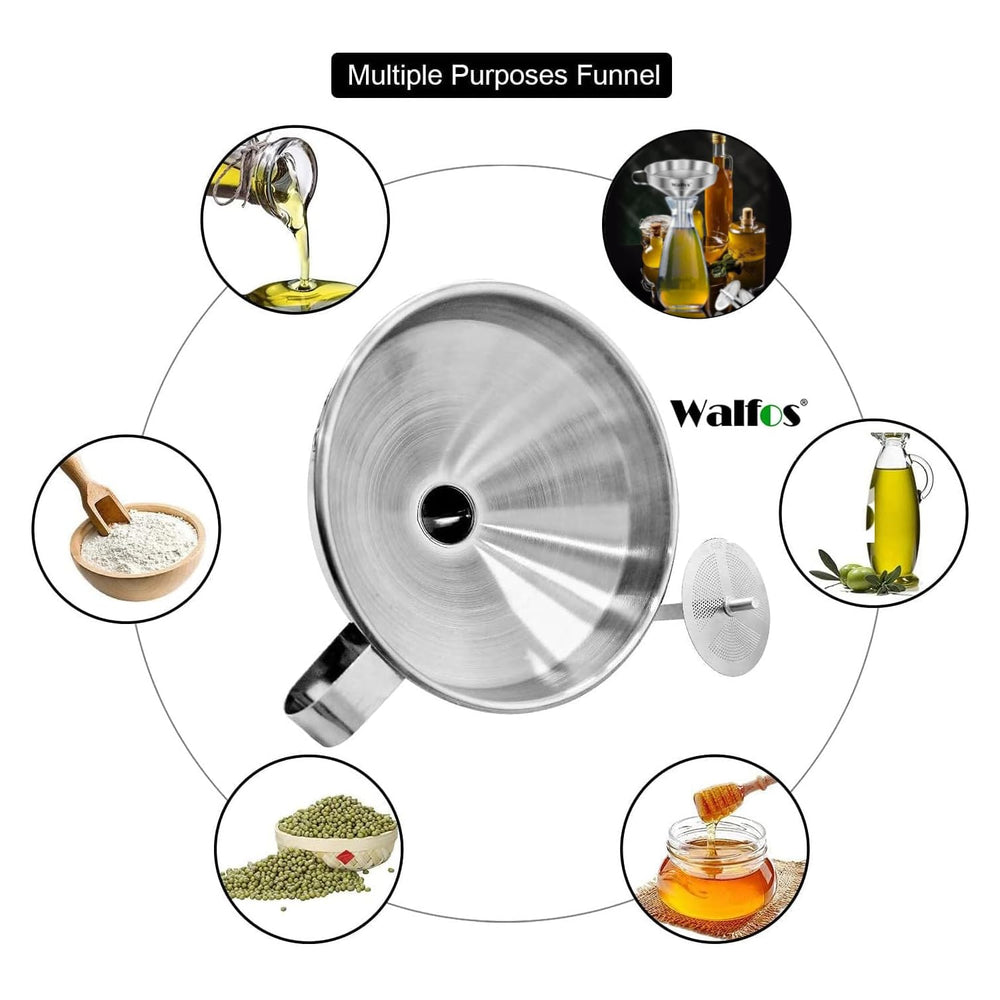 Walfos funnel pouring olive oil into narrow bottle to prevent spills and waste