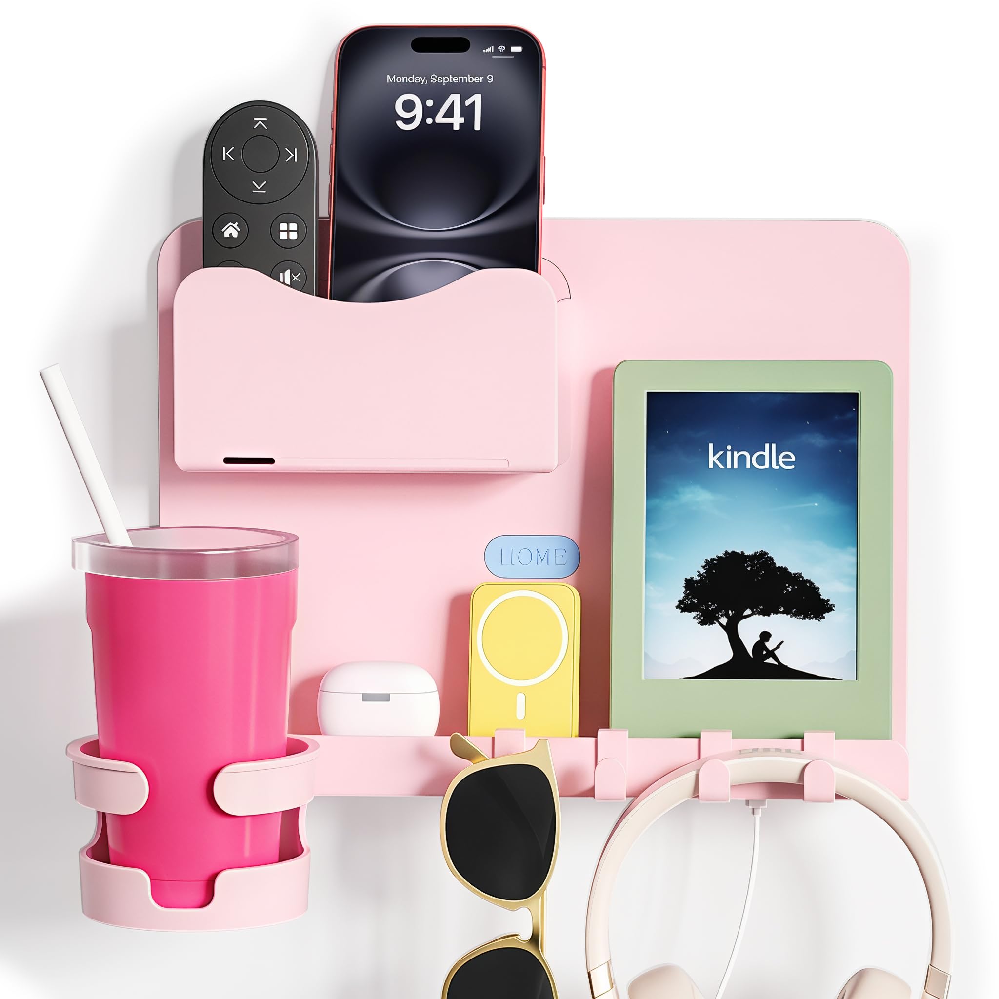 WALfuyao front view pink bedside shelf showing neat storage benefit