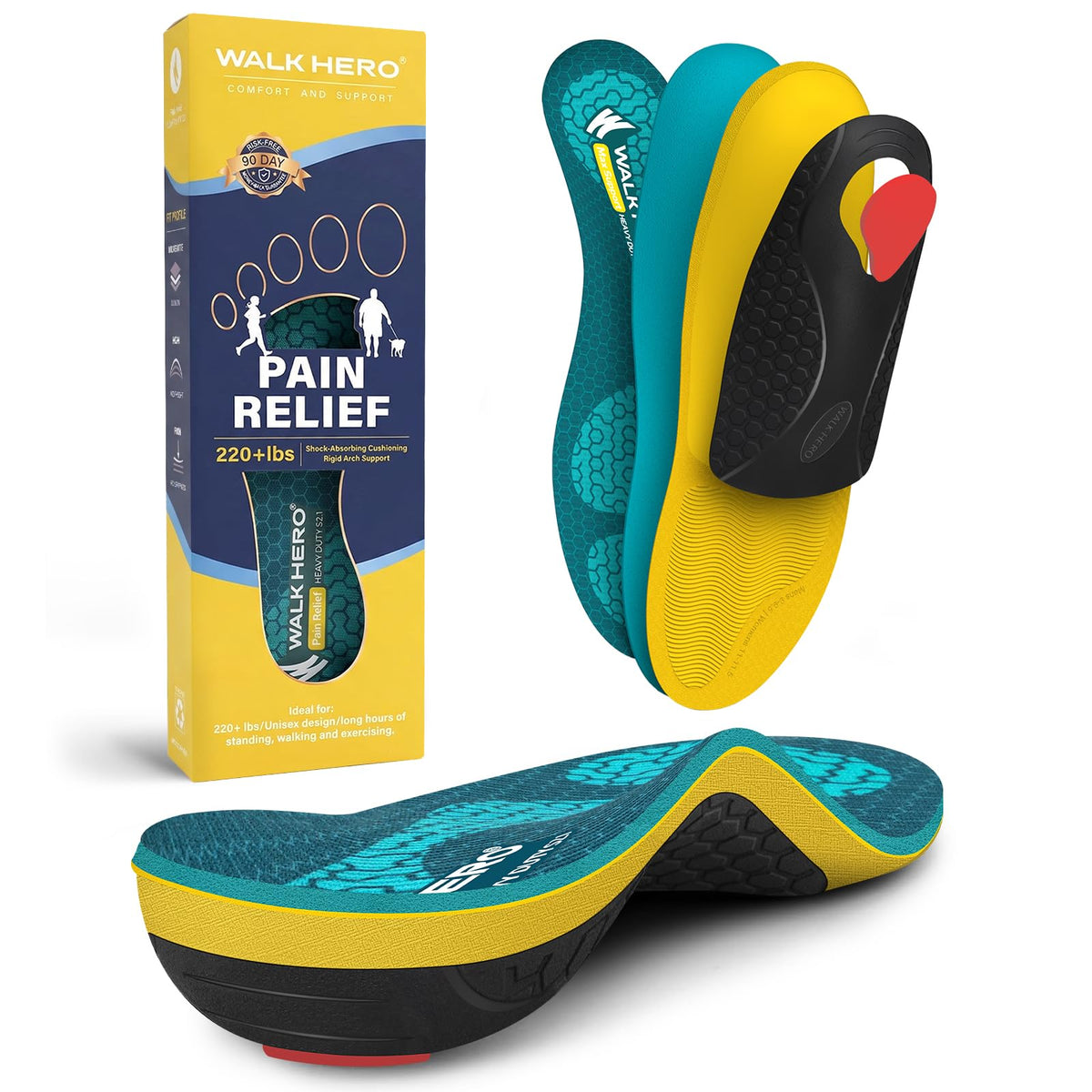 WALK·HERO front view of insole pack showing heavy-duty support