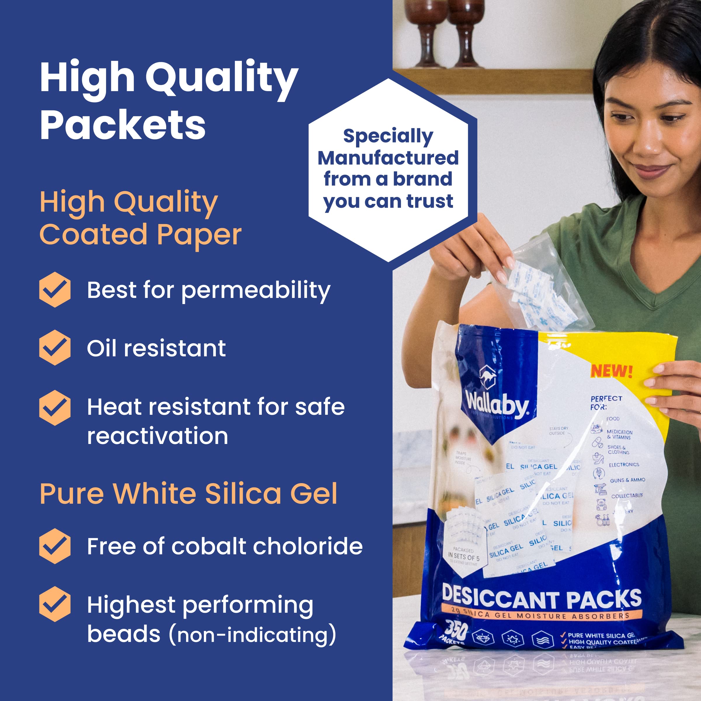 Wallaby torn packet showing white silica beads and clear moisture absorption benefit